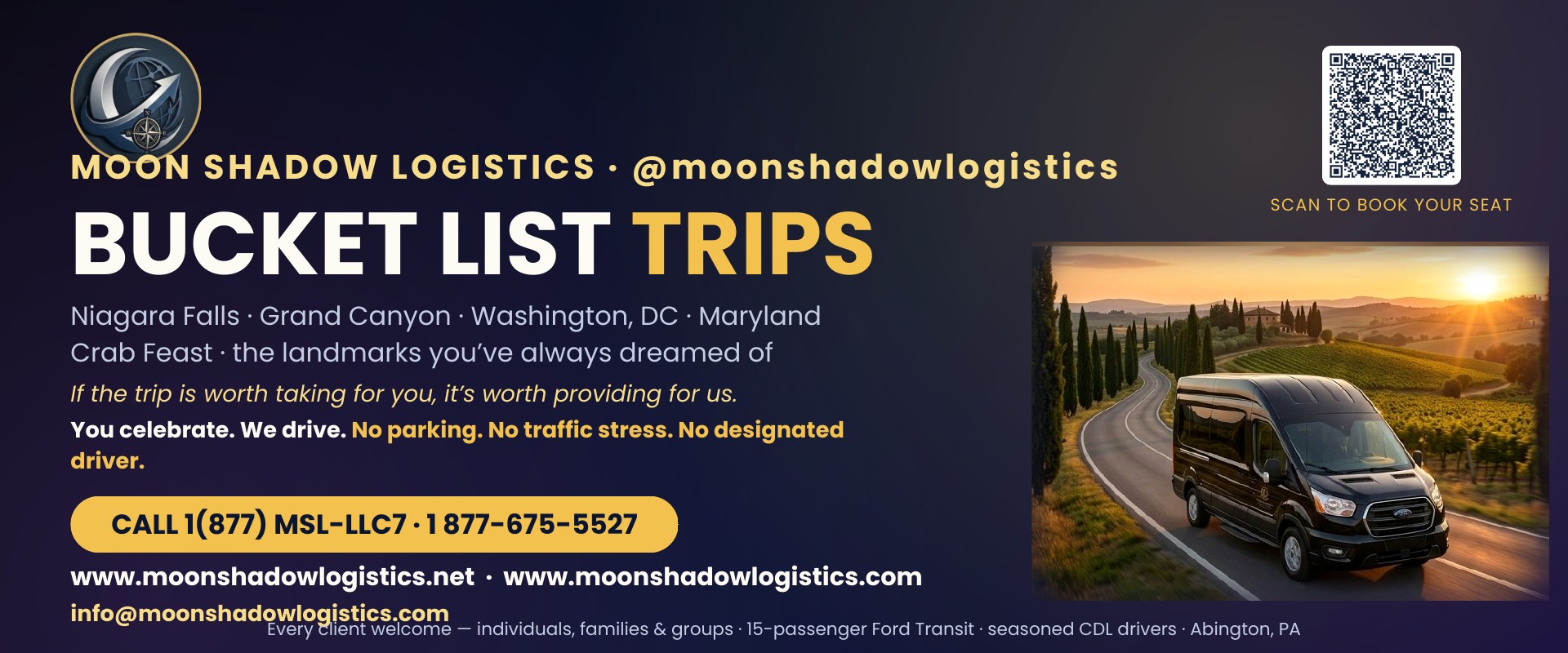 Bucket List Trips — Niagara Falls, the Grand Canyon, Washington DC, Maryland Crab Feast. Call 1(877) MSL-LLC7 (1 877-675-5527)