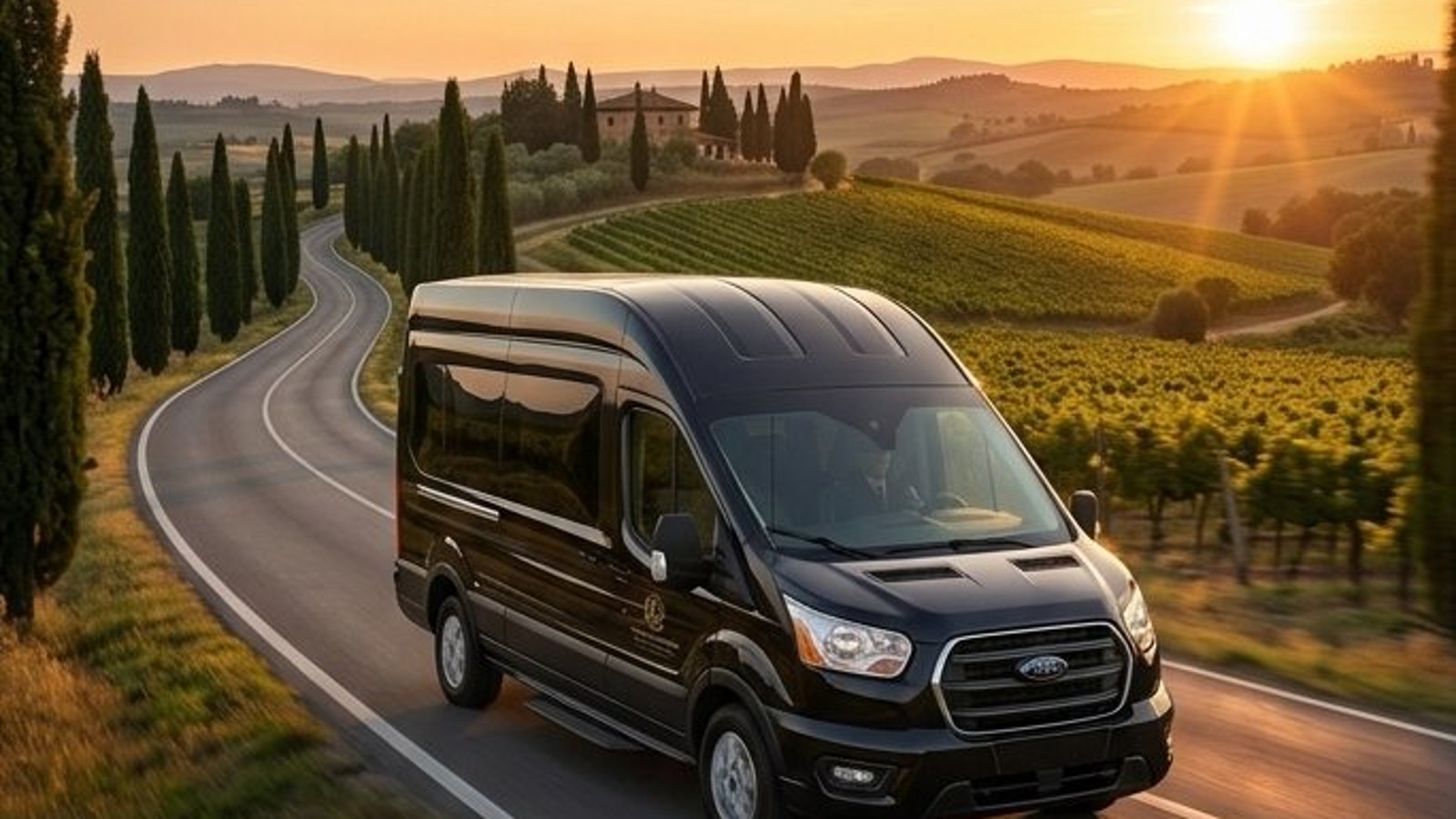 Moon Shadow Logistics black 15-passenger Ford Transit on a scenic highway at sunset