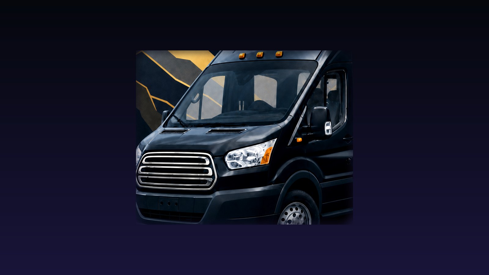 Black Ford Transit shuttle, front view