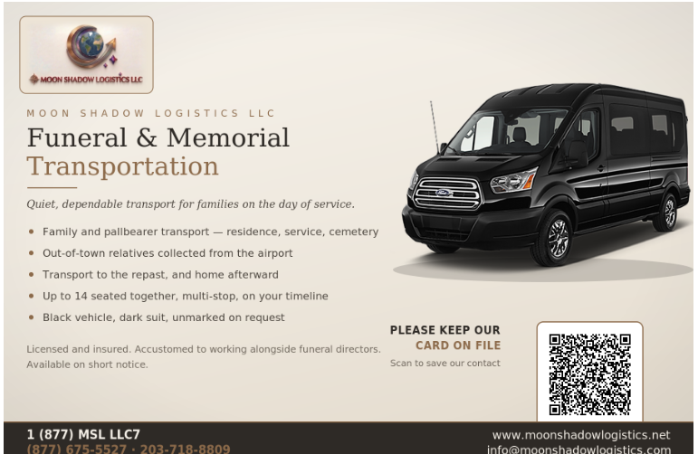 Moon Shadow Logistics funeral and memorial transportation card, listing family and pallbearer transport, airport pickups for relatives, repast transport, seating for up to 14, and a black unmarked vehicle on request.